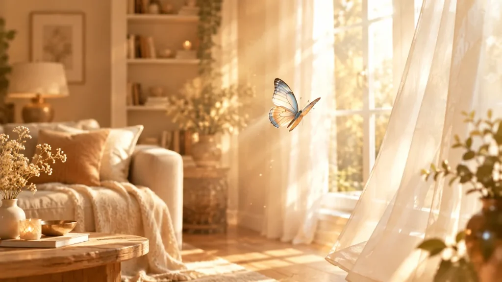 Papillon aux ailes bleu et orange volant dans un salon baigné de lumière dorée