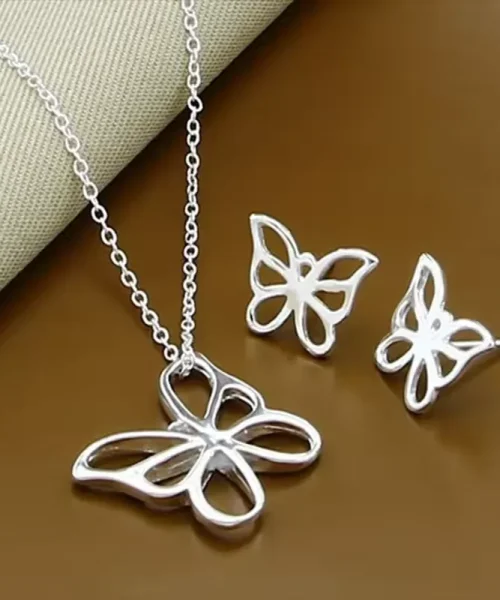 Parure papillon argent 925 ajouré, collier et boucles d oreilles papillon