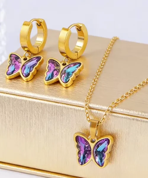 Parure papillon cristal irisé, collier et boucles d oreilles en acier inoxydable doré