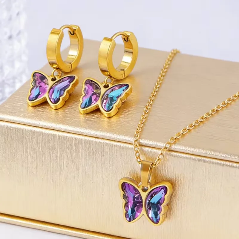 Parure papillon cristal irisé, collier et boucles d oreilles en acier inoxydable doré