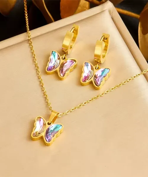 Parure papillon cristal irisé, collier et boucles d oreilles en acier inoxydable doré