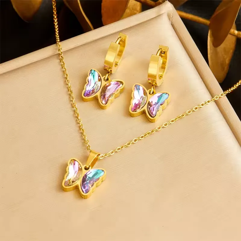 Parure papillon cristal irisé, collier et boucles d oreilles en acier inoxydable doré