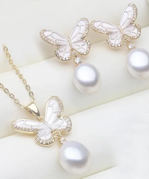 Parure papillon perle, collier et boucles d'oreilles papillon émail et perle blanc