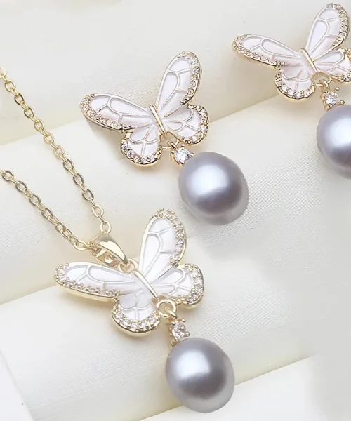 Parure papillon perle, collier et boucles d'oreilles papillon émail et perle gris