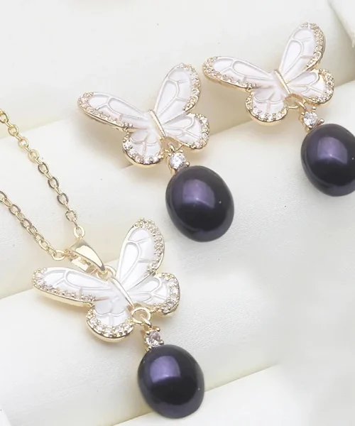 Parure papillon perle, collier et boucles d'oreilles papillon émail et perle noir
