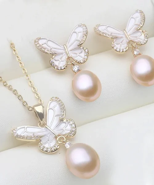 Parure papillon perle, collier et boucles d'oreilles papillon émail et perle rose
