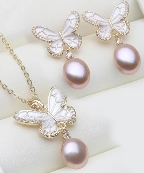 Parure papillon perle, collier et boucles d'oreilles papillon émail et perle violet