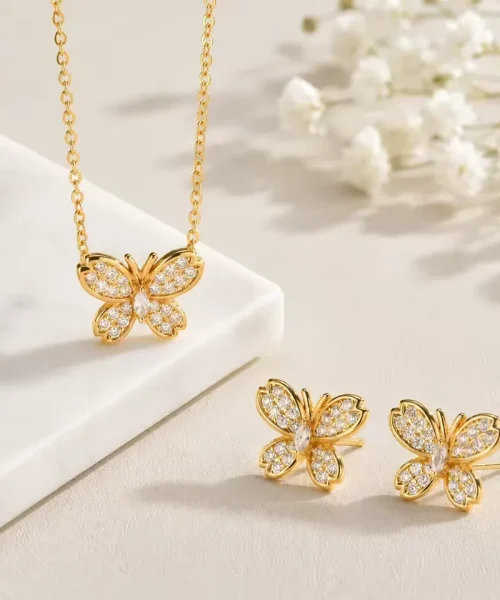 Parure papillon zircon doré, collier et boucles d oreilles papillon pavé de zircons