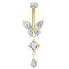 Piercing nombril papillon doré en titane, ailes en zircons navette et pampille carré et goutte