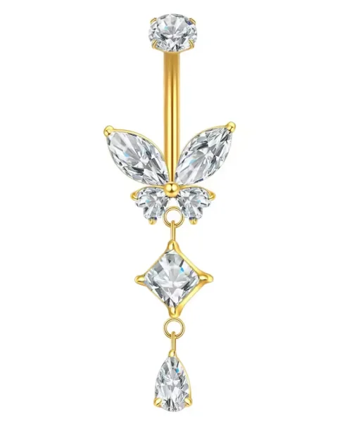 Piercing nombril papillon doré en titane, ailes en zircons navette et pampille carré et goutte