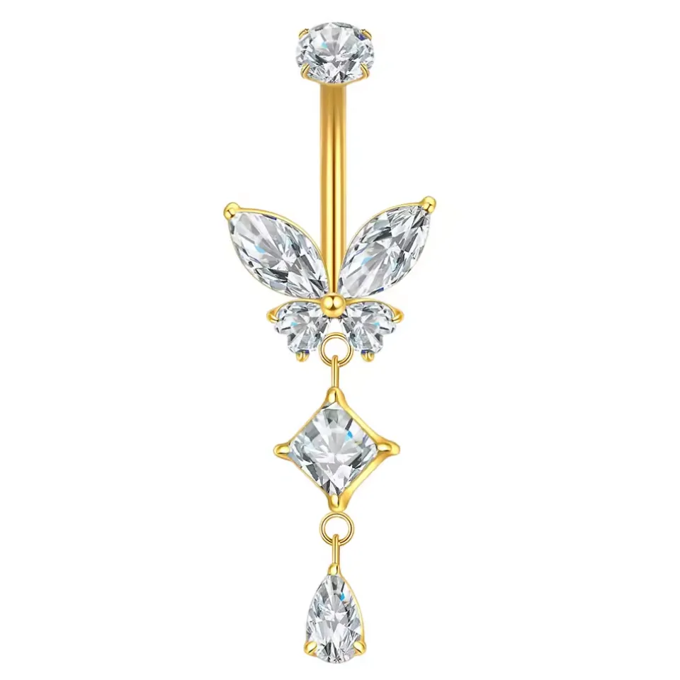 Piercing nombril papillon doré en titane, ailes en zircons navette et pampille carré et goutte