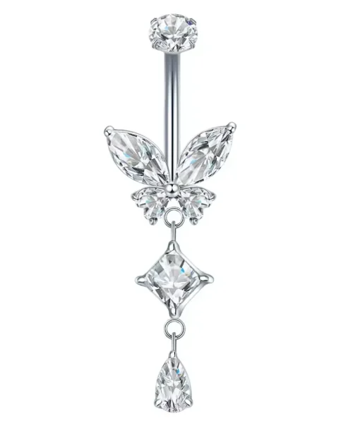 Piercing nombril papillon argenté en titane G23, papillon de zircons et pampille