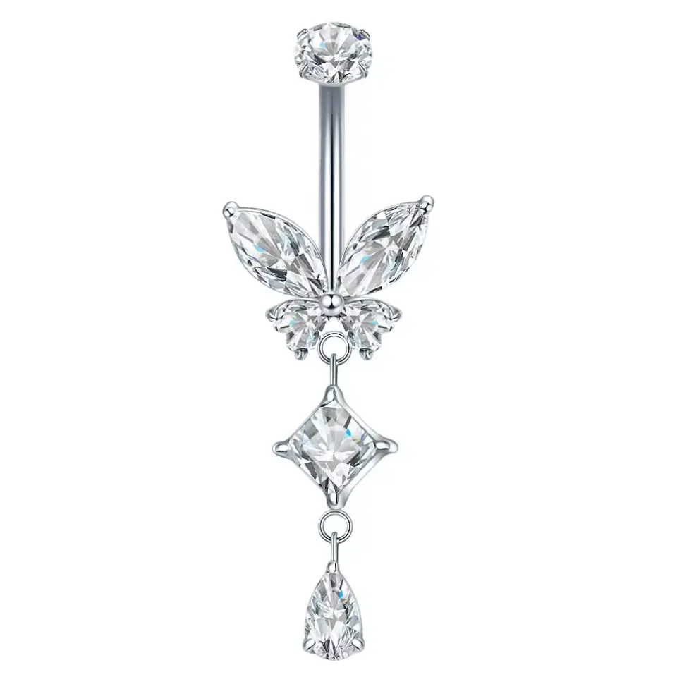 Piercing nombril papillon argenté en titane G23, papillon de zircons et pampille