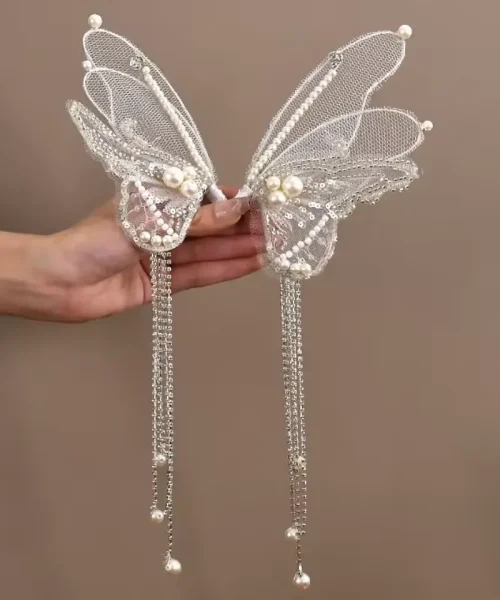 Pinces à cheveux ailes de papillon, paire d'ailes en tulle blanc perlé avec pampilles de strass