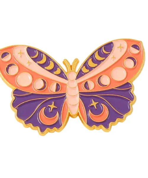 Pin's papillon céleste corail et violet en émail, lunes et étoiles dorées