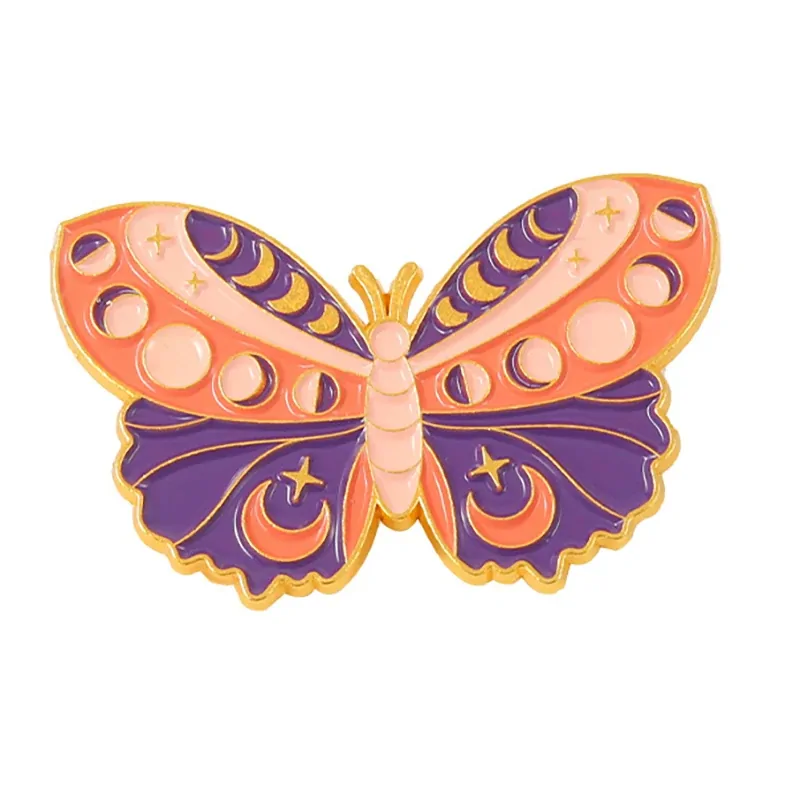 Pin's papillon céleste corail et violet en émail, lunes et étoiles dorées
