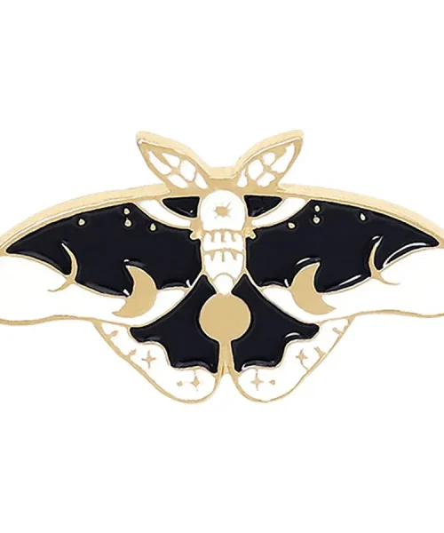 Pin's papillon céleste noir et blanc en émail, lunes et étoiles dorées
