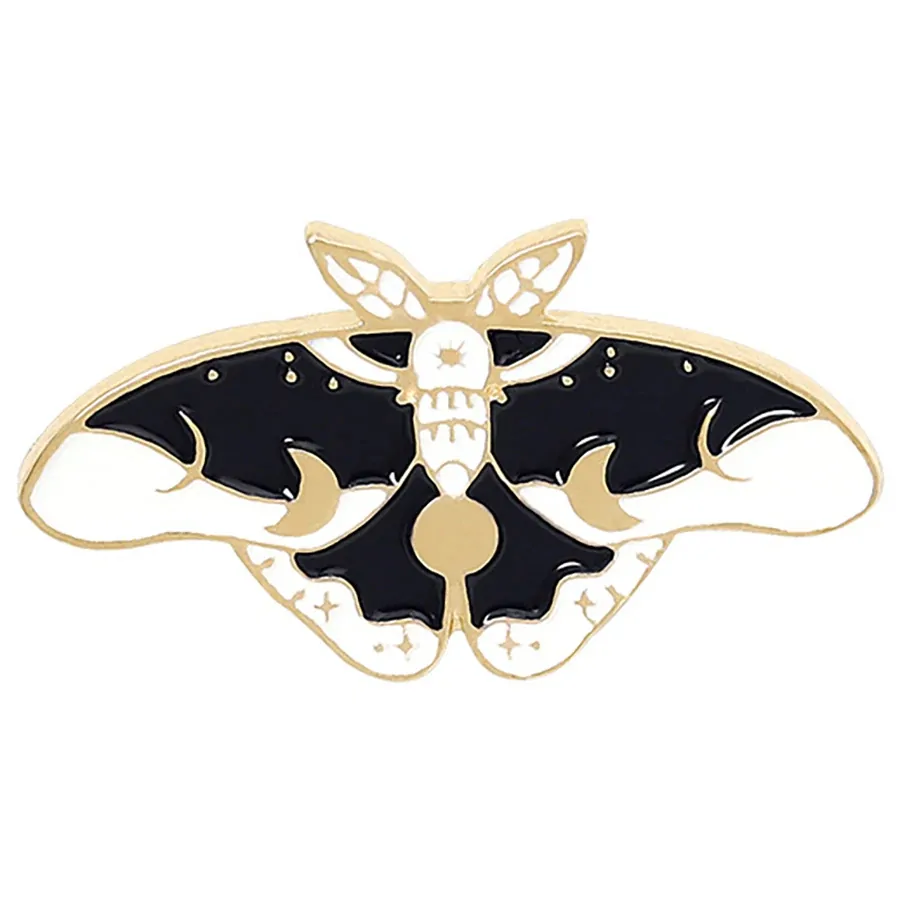 Pin's papillon céleste noir et blanc en émail, lunes et étoiles dorées