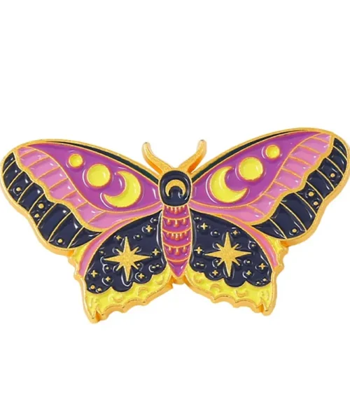 Pin's papillon céleste rose et jaune en émail, lunes et étoiles dorées