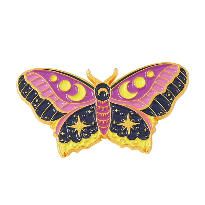 Pin's papillon céleste rose et jaune en émail, lunes et étoiles dorées