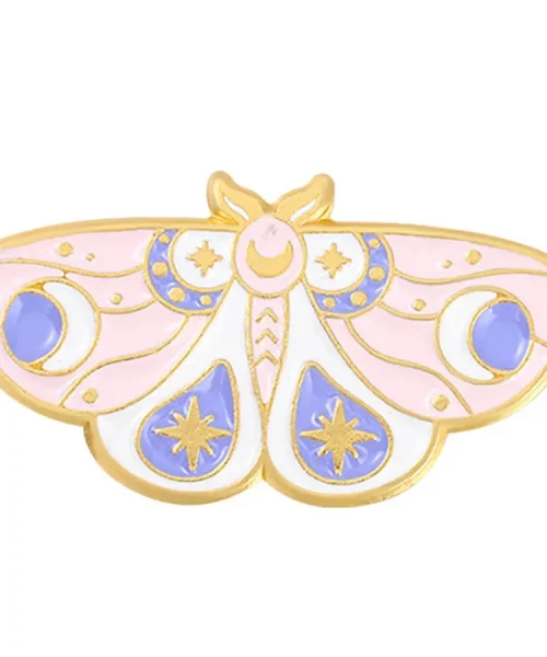 Pin's papillon céleste rose pastel en émail, lunes et étoiles dorées
