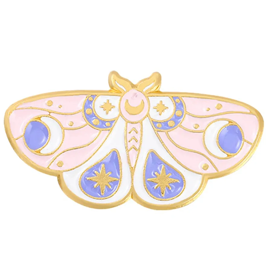 Pin's papillon céleste rose pastel en émail, lunes et étoiles dorées