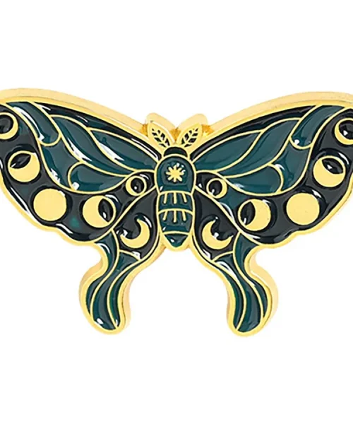 Pin's papillon céleste vert émeraude en émail, lunes et étoiles dorées