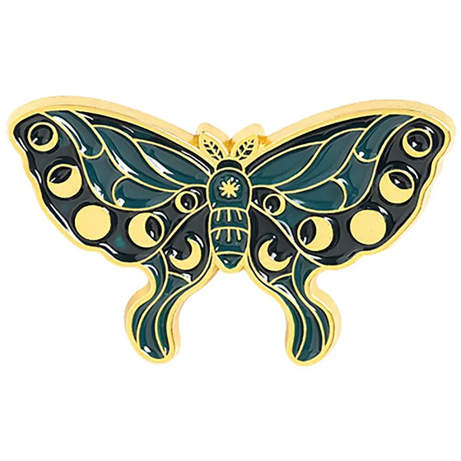 Pin's papillon céleste vert émeraude en émail, lunes et étoiles dorées
