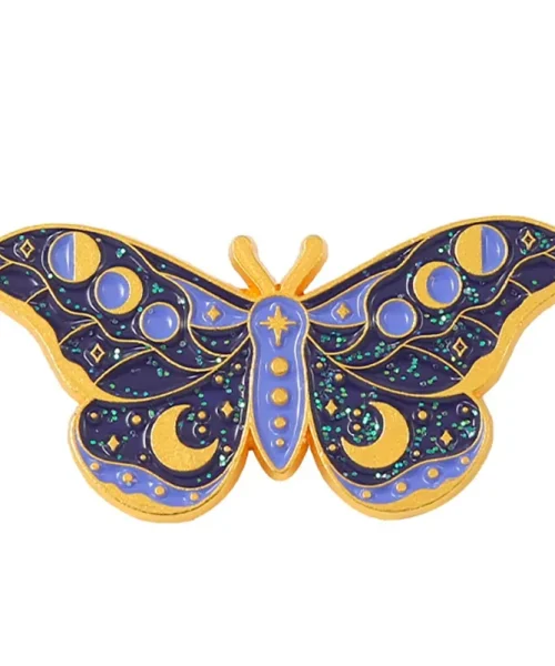 Pin's papillon céleste violet nuit en émail, lunes et étoiles dorées