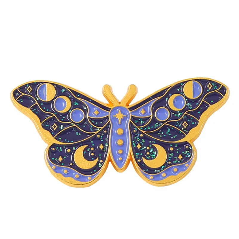 Pin's papillon céleste violet nuit en émail, lunes et étoiles dorées