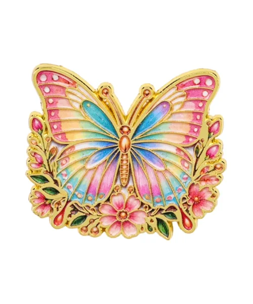 Pin's papillon fleuri arc-en-ciel, papillon en émail sur couronne de fleurs dorée
