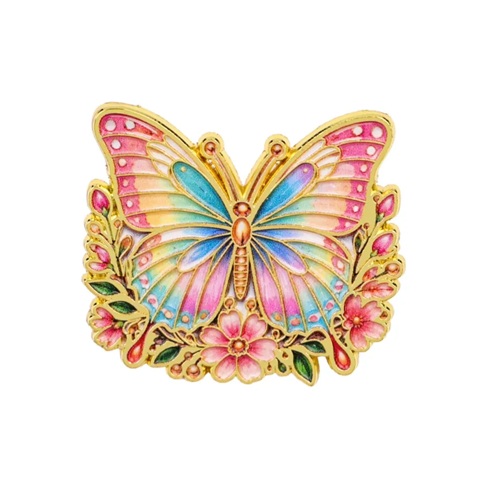 Pin's papillon fleuri arc-en-ciel, papillon en émail sur couronne de fleurs dorée