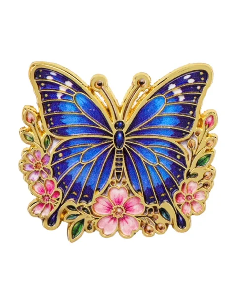 Pin's papillon fleuri bleu nuit, papillon en émail sur couronne de fleurs dorée
