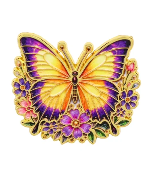 Pin's papillon fleuri jaune et violet, papillon en émail sur couronne de fleurs dorée