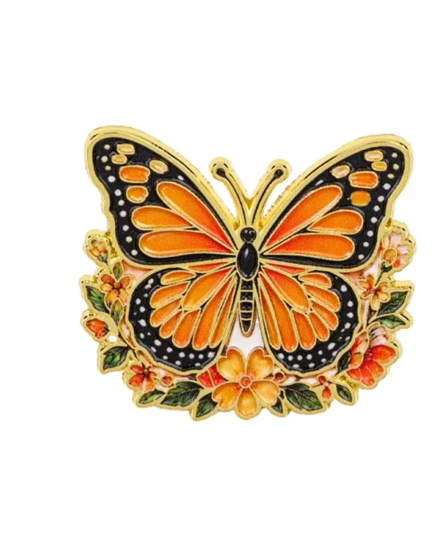 Pin's papillon fleuri monarque, papillon en émail sur couronne de fleurs dorée