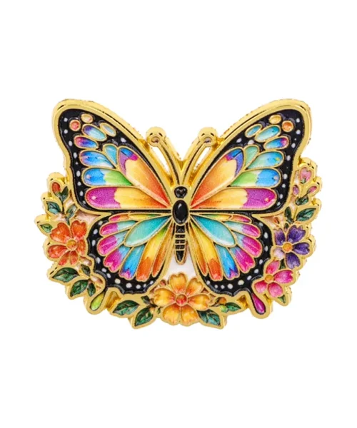 Pin's papillon fleuri multicolore, papillon en émail sur couronne de fleurs dorée