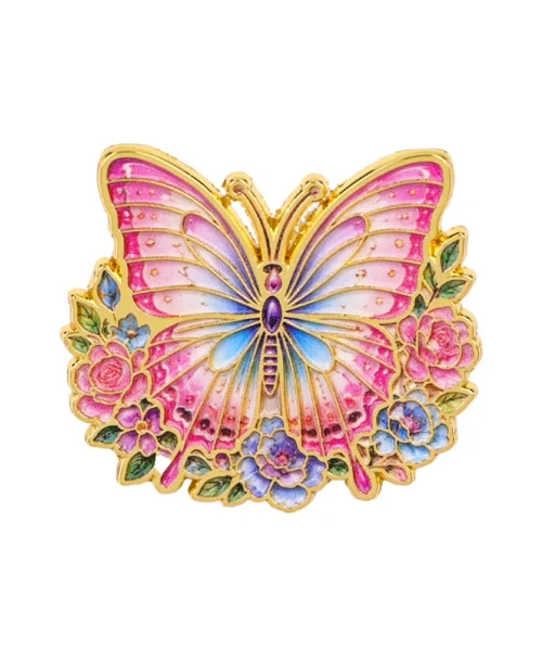 Pin's papillon fleuri rose, papillon en émail sur couronne de fleurs dorée