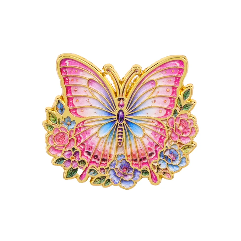 Pin's papillon fleuri rose, papillon en émail sur couronne de fleurs dorée