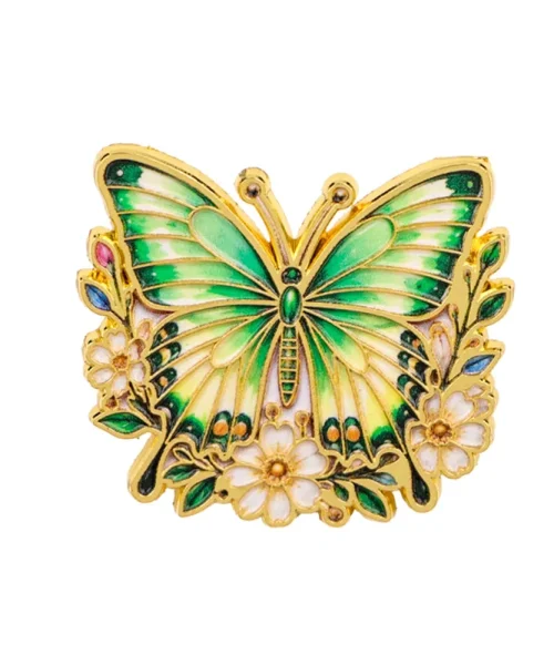 Pin's papillon fleuri vert, papillon en émail sur couronne de fleurs dorée
