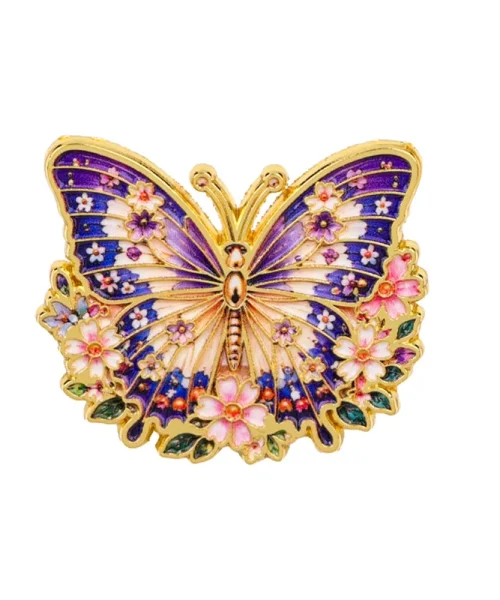 Pin's papillon fleuri violet fleuri, papillon en émail sur couronne de fleurs dorée