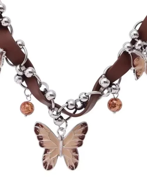 Ras de cou papillon Y2K en cuir marron à breloques papillons émaillés