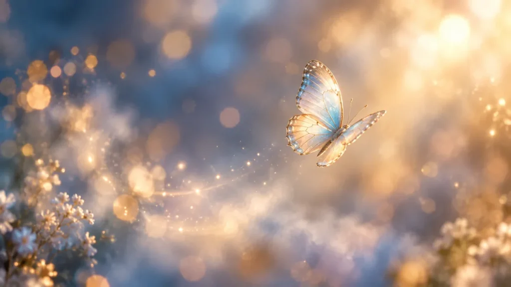 Papillon aux ailes bleu et doré flottant dans une lumière onirique