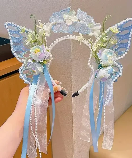 Serre-tête ailes de papillon bleu, ailes de fée en dentelle perlée, roses en tissu et rubans
