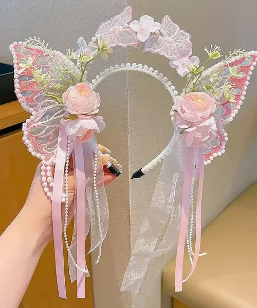 Serre-tête ailes de papillon rose, ailes de fée en dentelle perlée, roses en tissu et rubans