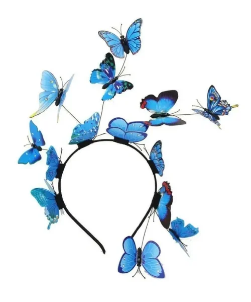 Serre-tête couronne de papillons bleu, papillons 3D aux ailes imprimées sur arceau noir et tiges
