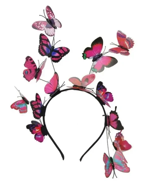 Serre-tête couronne de papillons rose, papillons 3D aux ailes imprimées sur arceau noir et tiges