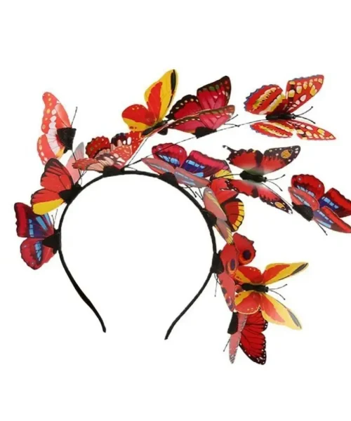 Serre-tête couronne de papillons rouge, papillons 3D aux ailes imprimées sur arceau noir et tiges