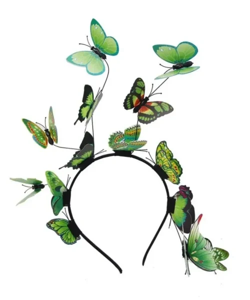 Serre-tête couronne de papillons vert, papillons 3D aux ailes imprimées sur arceau noir et tiges