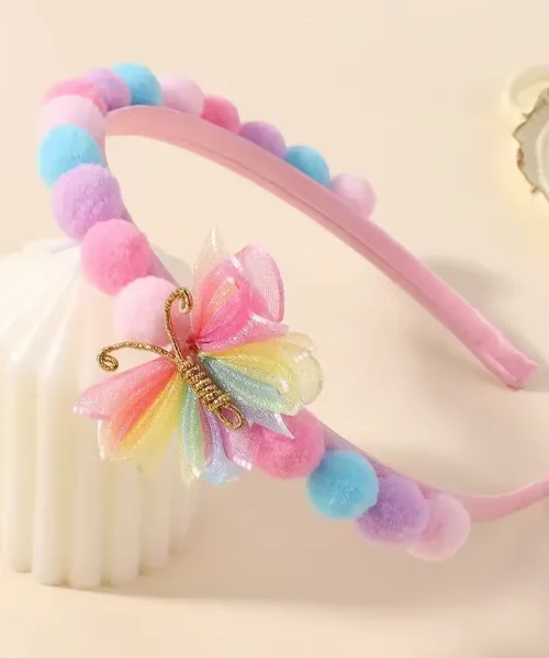 Serre-tête papillon arc-en-ciel pour petite fille, pompons pastel et arceau satiné rose