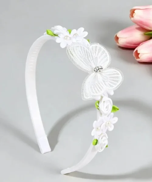 Serre-tête papillon fleuri pour fille blanc, papillon en tulle brodé, roses satinées et fleurs perlées